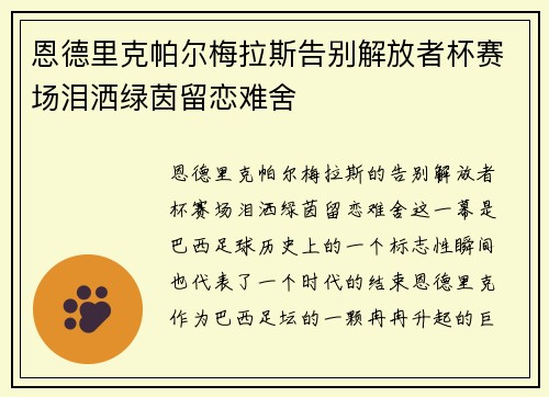 恩德里克帕尔梅拉斯告别解放者杯赛场泪洒绿茵留恋难舍