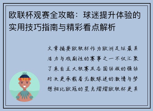 欧联杯观赛全攻略：球迷提升体验的实用技巧指南与精彩看点解析